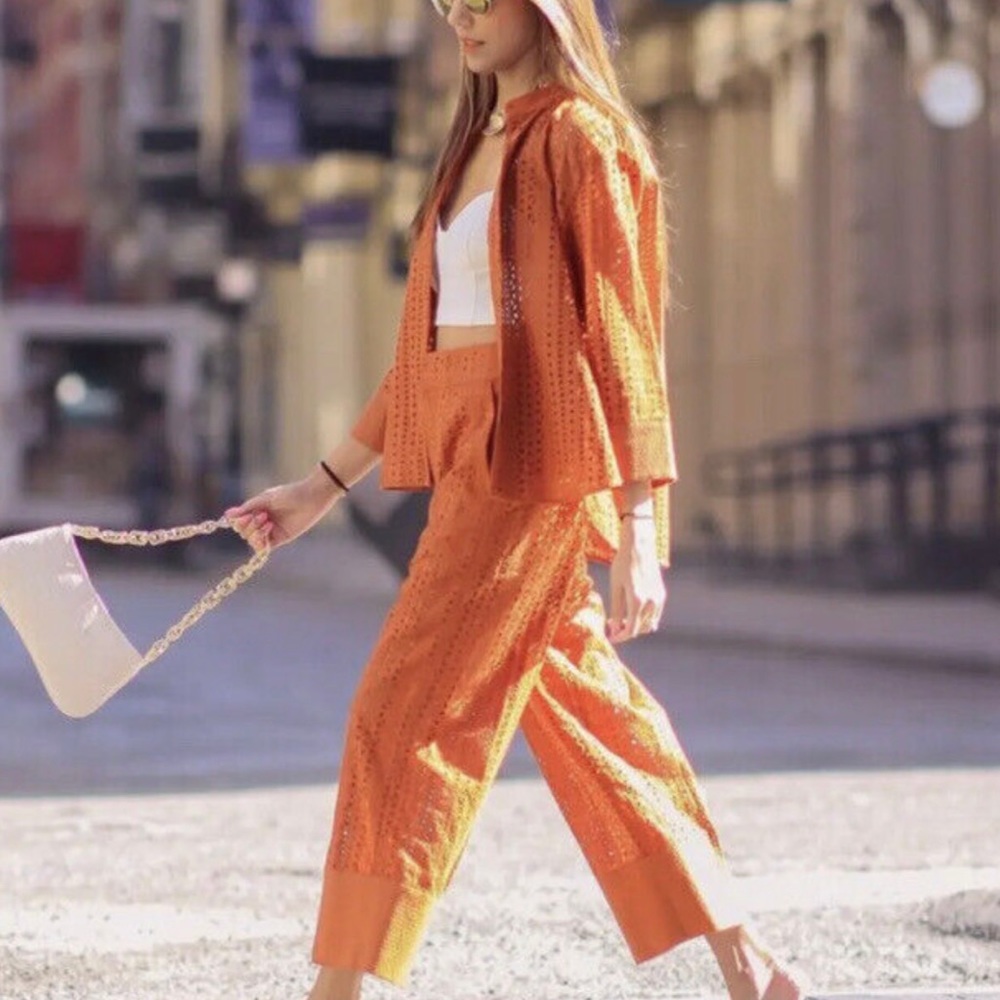Zara Cutwork Embroidered Matching Set in Orange. Size XS